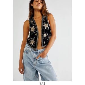 Free People Stargaze Vest / Black velvet vest with embroidered stars